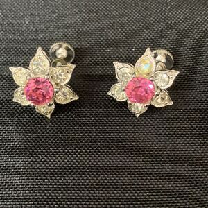 Vintage Bogoff Pink and White Crystal Screw On Earrings